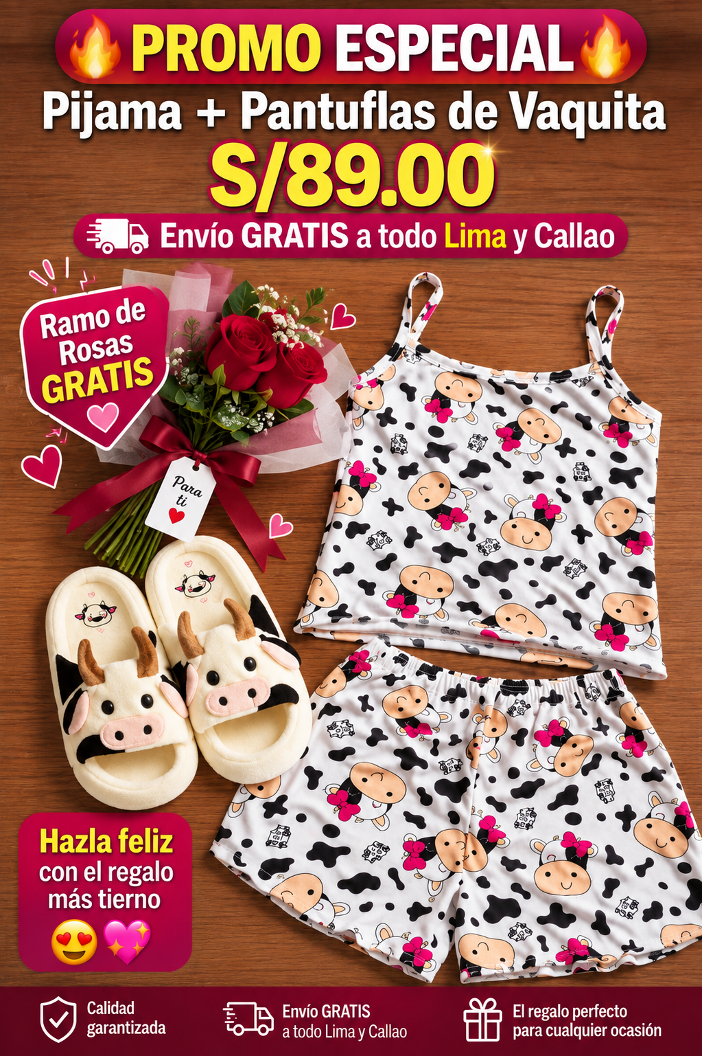 🐄💕 ¡SET VAQUITA EXCLUSIVO! PIJAMA + PANTUFLAS + ROSAS DE REGALO 🌹🎁