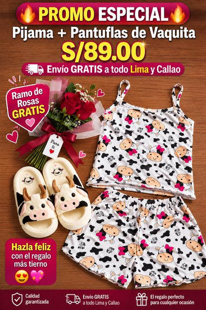 🐄💕 ¡SET VAQUITA EXCLUSIVO! PIJAMA + PANTUFLAS + ROSAS DE REGALO 🌹🎁